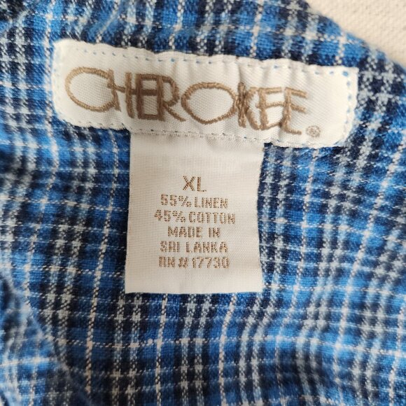 Cherokee Linen Blend Blue Plaid Shortalls Womens XL Pockets Cottagecore Overalls - Picture 3 of 16